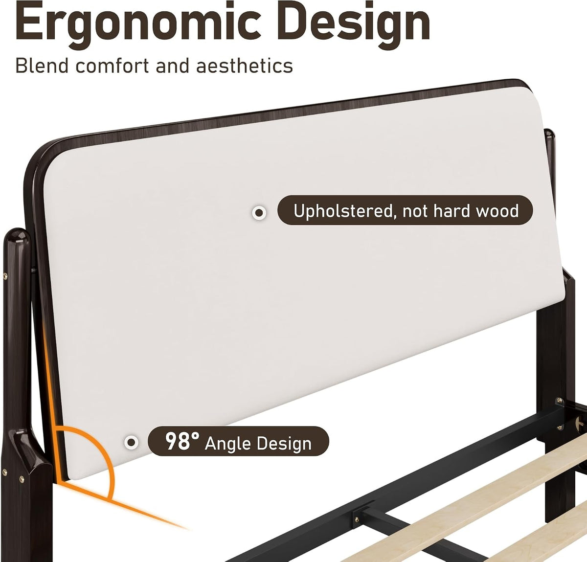 Lifezone Queen Bed Frame with Upholstered Headboard, Solid Wood Bed Frame Queen Size with Ergonomic Design Headboard, Wood Slats Support, Noise-Free, Easy Assembly,No Box Spring Needed, Walnut