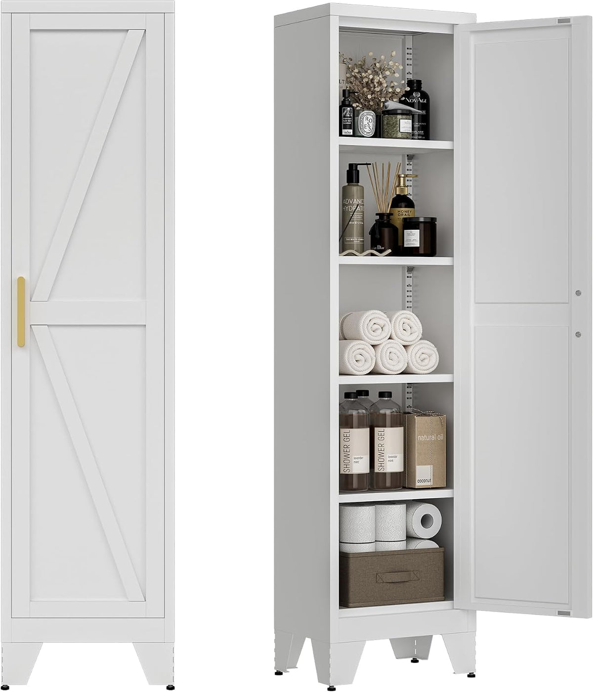 LCAOPC 67" Tall Narrow Bathroom Metal Storage Cabinet with 4 Adjustable Shelves, Freestanding 5 Tier Slim Pantry Storage Cabinet for Small Space, White