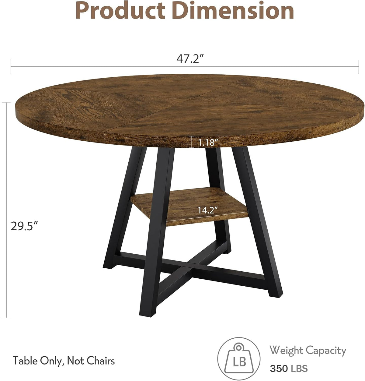 GarveeHome 47" Round Dining Table for 4-6 with Storage Shelf, Industrial Round Kitchen Table with Sturdy Metal Pedestal Base, Circle 4 Dinner Table for Dinner, Kitchen, Dining Room, Living Room