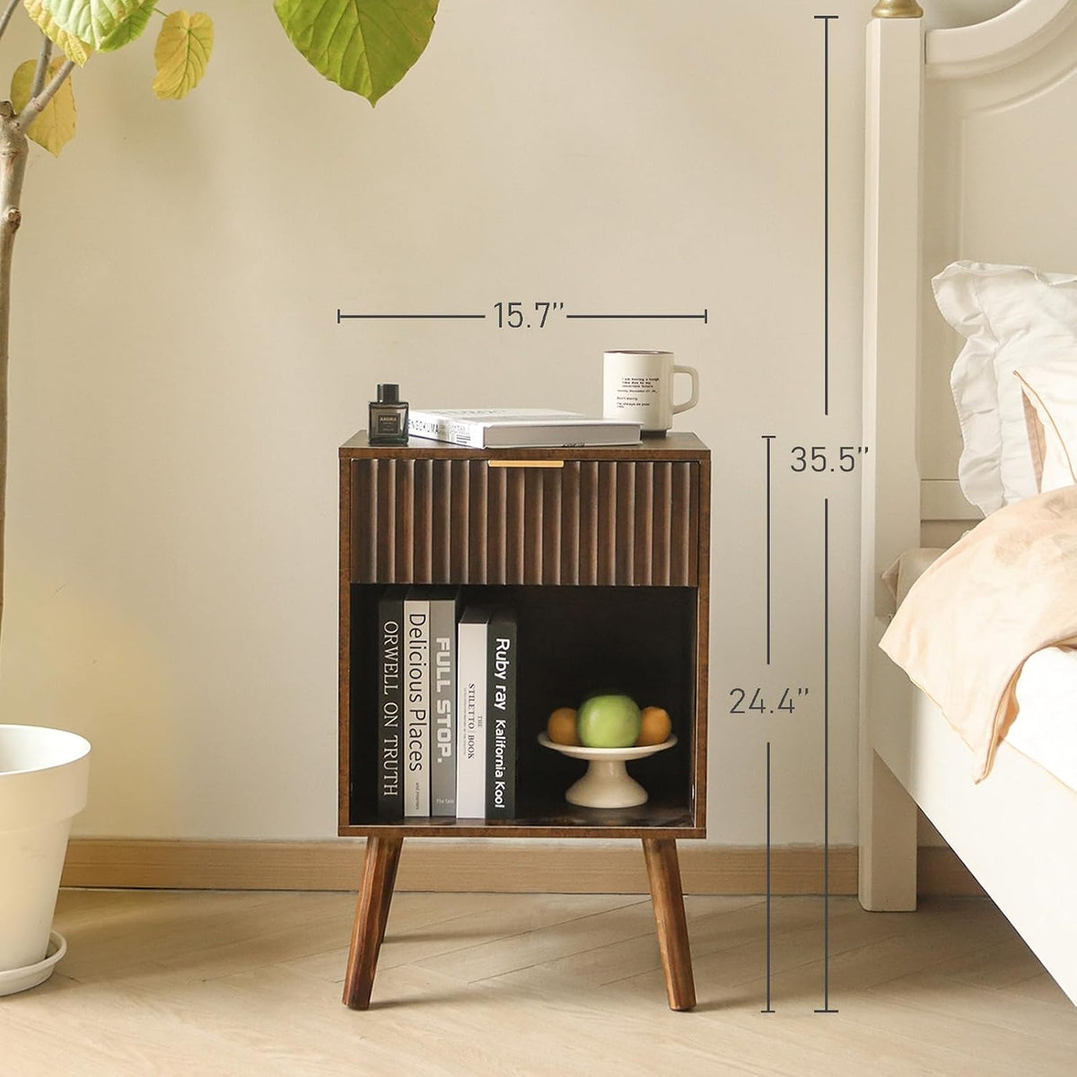 Fultyle Mid Century Modern Nightstand, Wood Bedside Table with Drawer and Open Storage, End Table Living Room Fluted Night Stand with Solid Wood Legs for Bedroom (Rustic Brown)