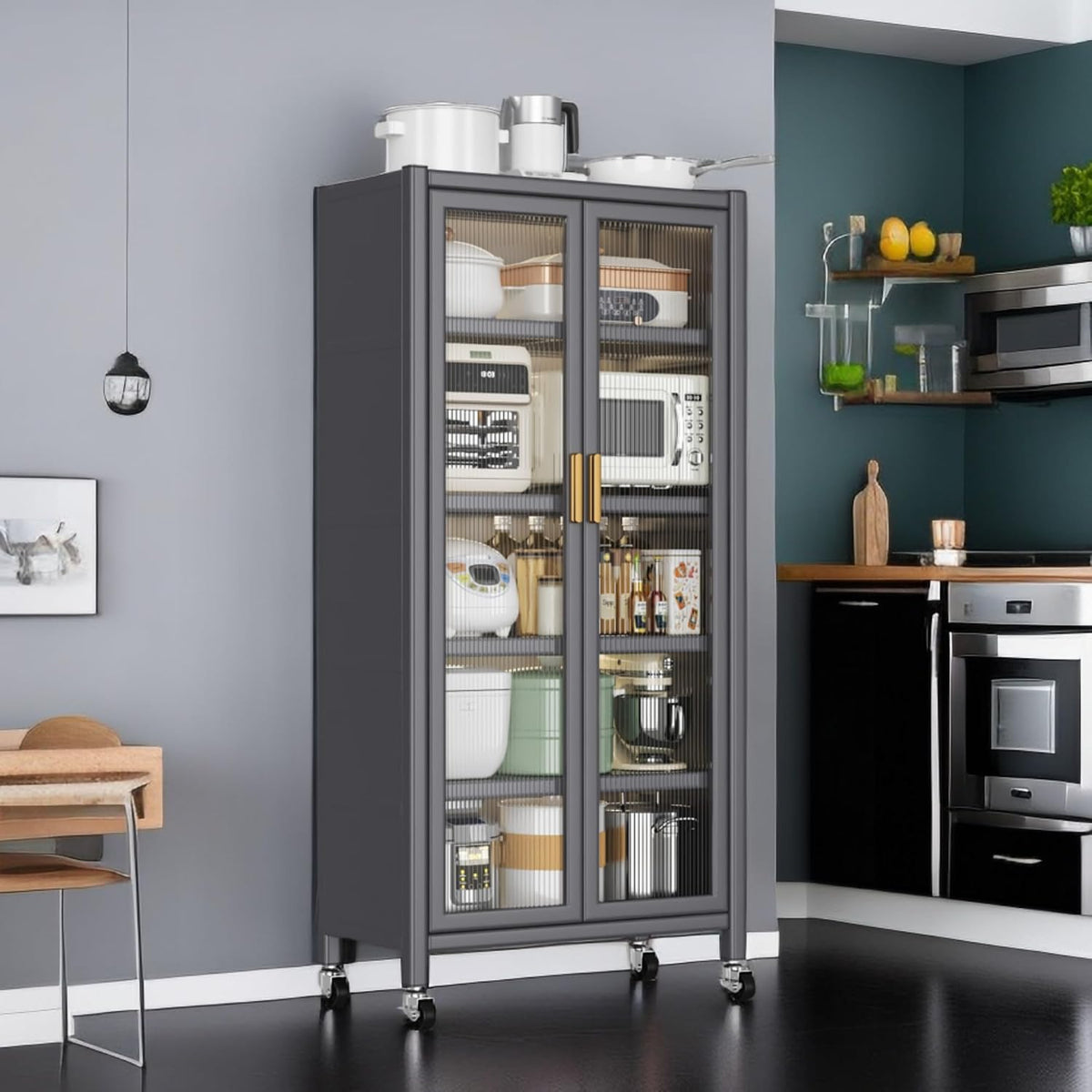 Metal Kitchen Pantry Storage Cabinet on Locking Casters, Double Ribbed Glass Doors, Multi Shelf Organizer for Microwave Appliances, Countertopware, Dining Room, Laundry, Garage (Grey)