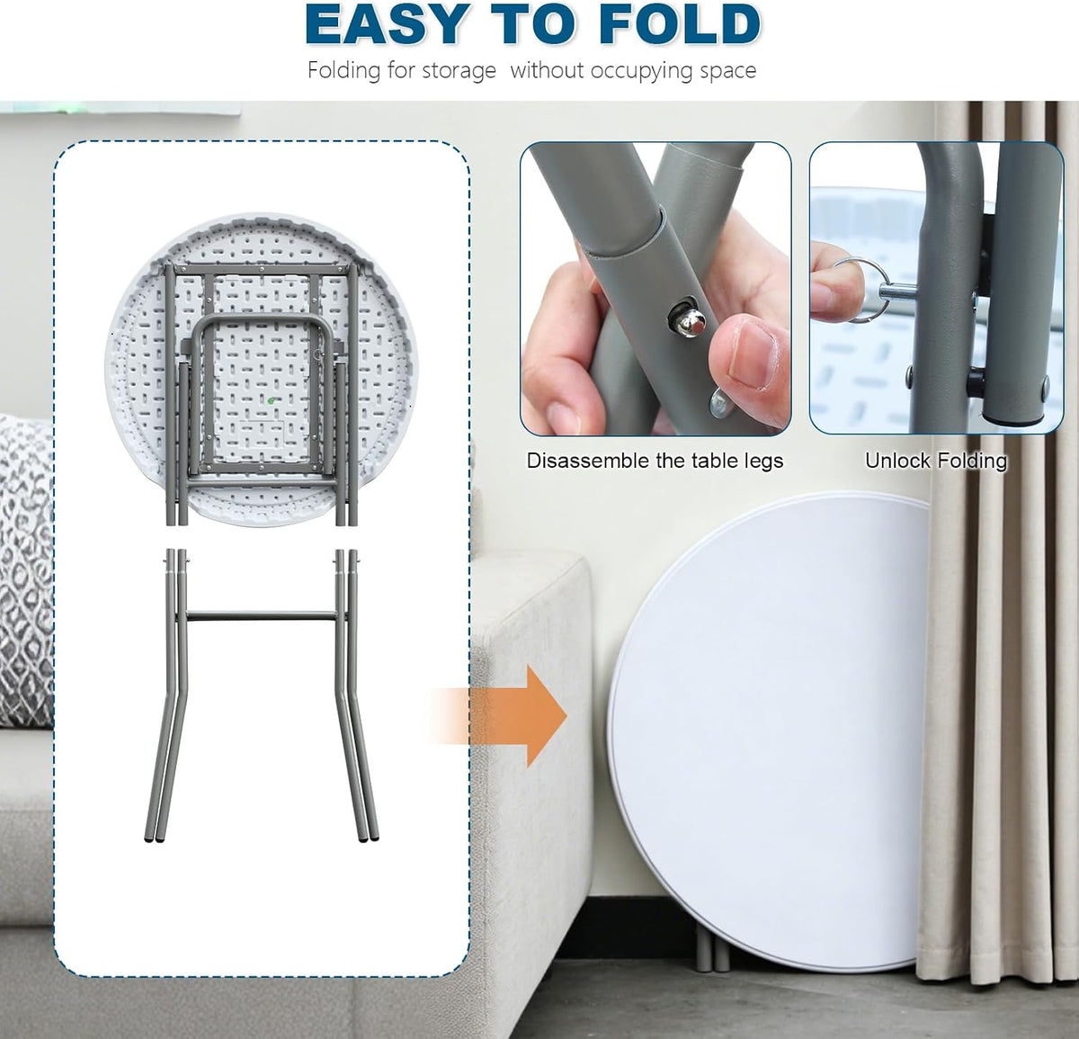28” Round Folding Bar Table, High Top Cocktail Table with Locking Mechanism, HDPE Waterproof Stain-Resistant Top, Indoor Outdoor Patio Garden Party, White, 2 PCS