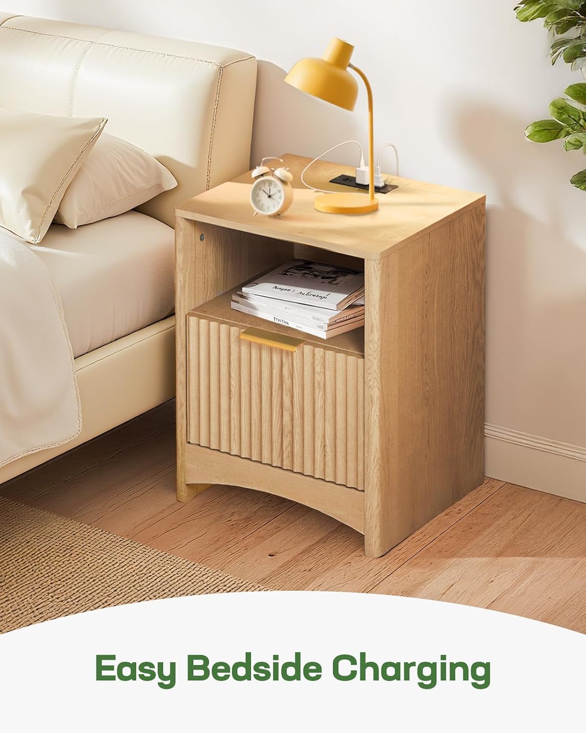 Marsail Fluted Nightstand with Charging Station, Adjustable Bedside Table with USB & AC Ports, 1 Drawer End Table, Wood Grain Finish, Sleek Wide Handle, Perfect for Bedroom, Natural Oak