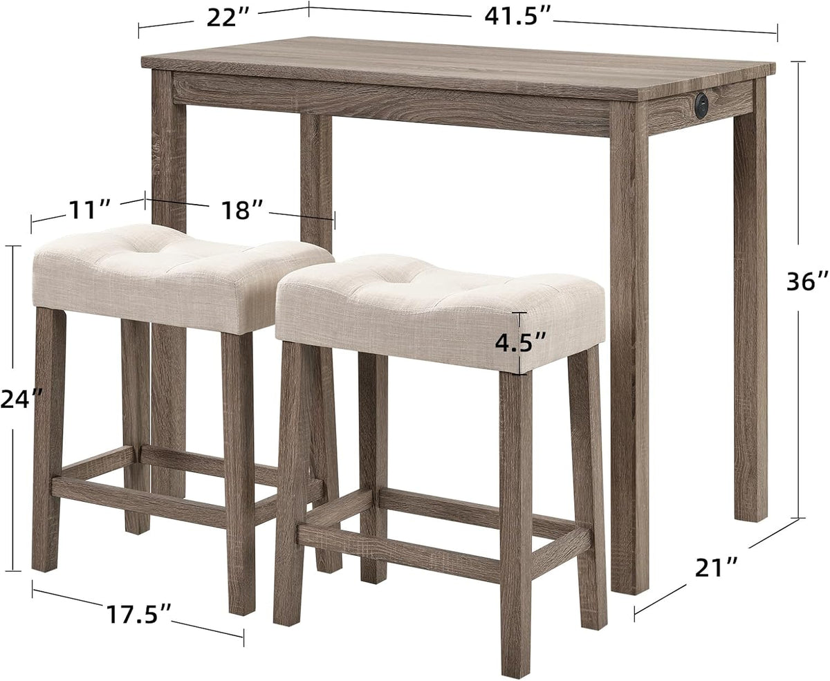 DUHOME 3 Piece Bar Table Set,Dining Bar Table and 2 Chairs Set with Charging Station Industrial Breakfast Table with 2 Padded Stools Rustic Bar Kitchen Dinning Room Living Room Cream