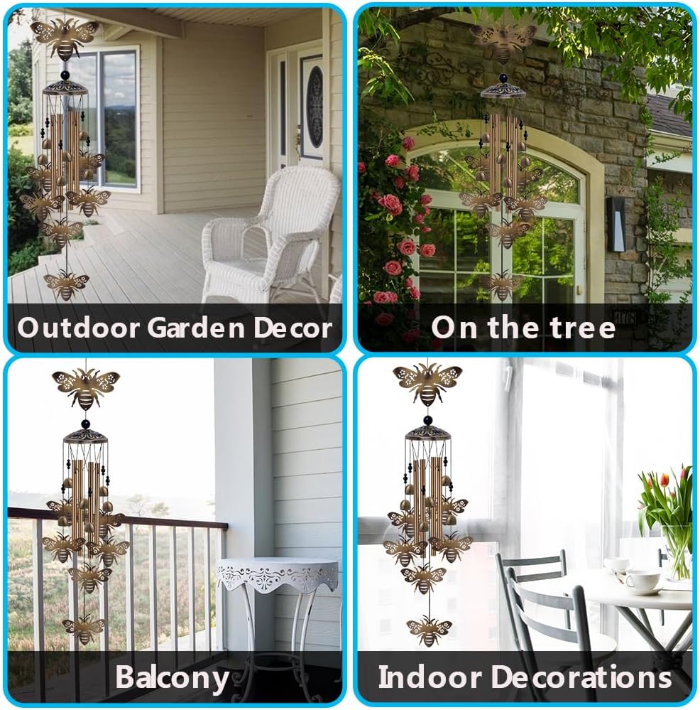 Outdoor Bees Wind Chimes Gifts for Mom - Bronze Memorial Wind Bells, Mobile Sympathy Wind Catcher, Romantic Bee Decor, 7 Bees Windchimes for Home, Balcony, Tree, Garden Festival Hanging Decoration