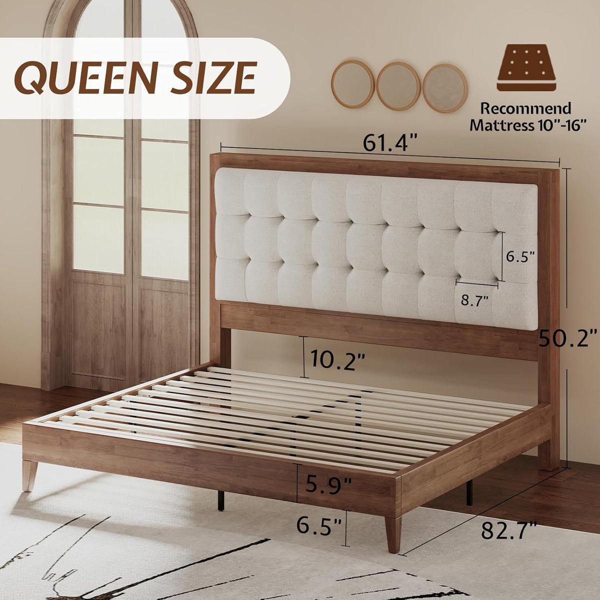 Jocisland Queen Bed Frame Solid Wood,50" Tall Upholstered Headboard,Walnut