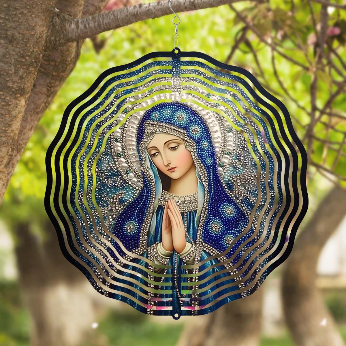 Virgin Mary Prayer Wind Spinner, Metal Wind Spinners Outdoor Indoor, Religious Virgin Mary Hanging Garden Decor for Outside, Stainless Wind Spinners for Yard and Garden 10 inch 3D (25.76X25 CM)