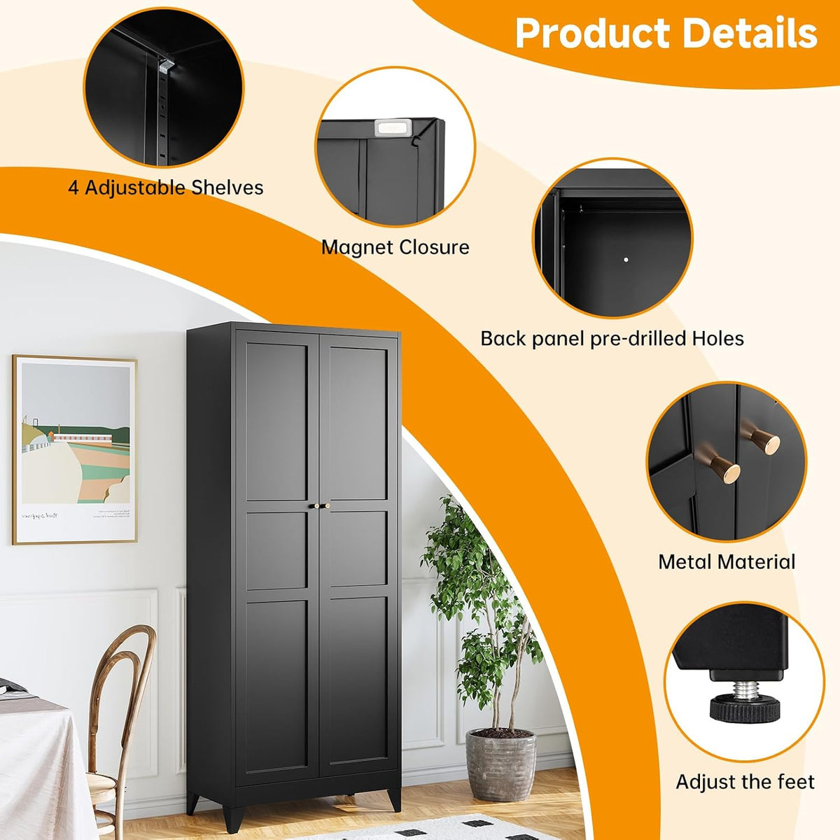 STANI 74.8" H Tall Kitchen Cabinet, Black Metal Pantry Storage Cabinet, 4 Adjustable Shelves, Kitchen Pantry Storage for Dining Room, Living Room, Bathroom 74.8" H x 15.7" D x 31.5" W