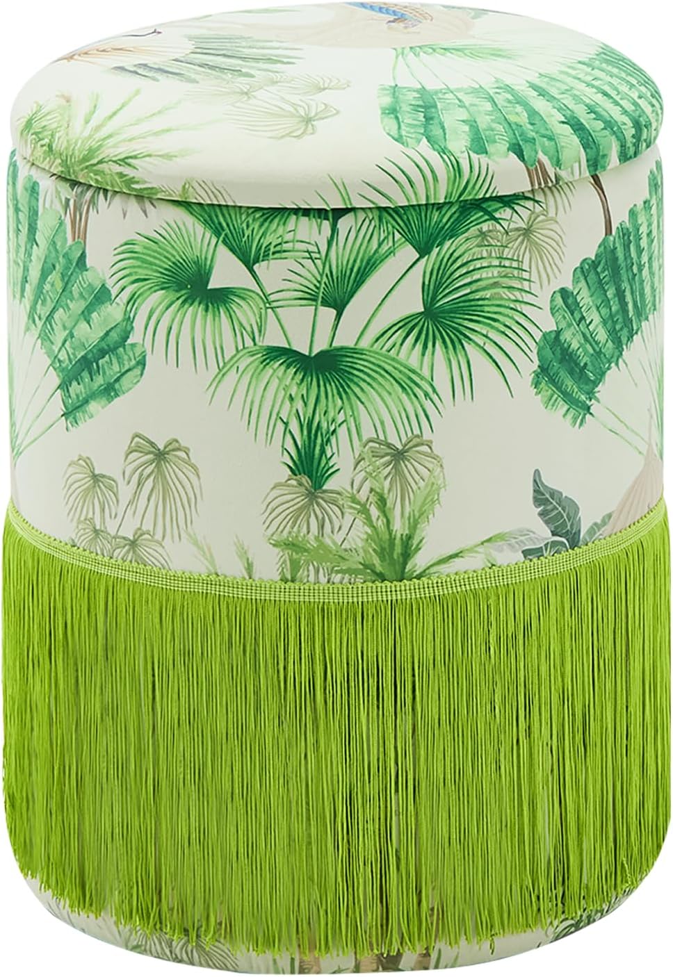 Round Fringe Ottoman with Storage, Farmhouse Tassel Velvet Footrest Stool, Flip Top Vanity Ottoman Chair for Living Room Bedroom
