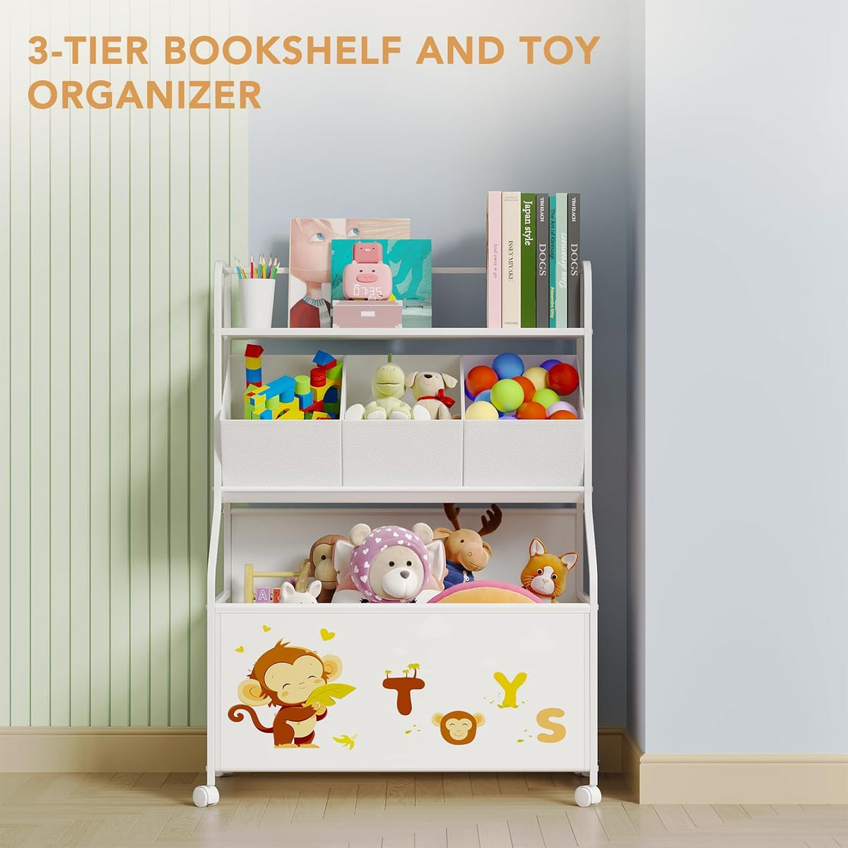 BBLIKE Toy Storage Organizer, Large Toy Box with Wheels for Boys and Girls | 15.8"x24.6"x 35.4", 3 Removable Fabric Toy Bins, Lockable Wheels, Stuffed Animal Organizer, Toy Chest Storage for Playroom