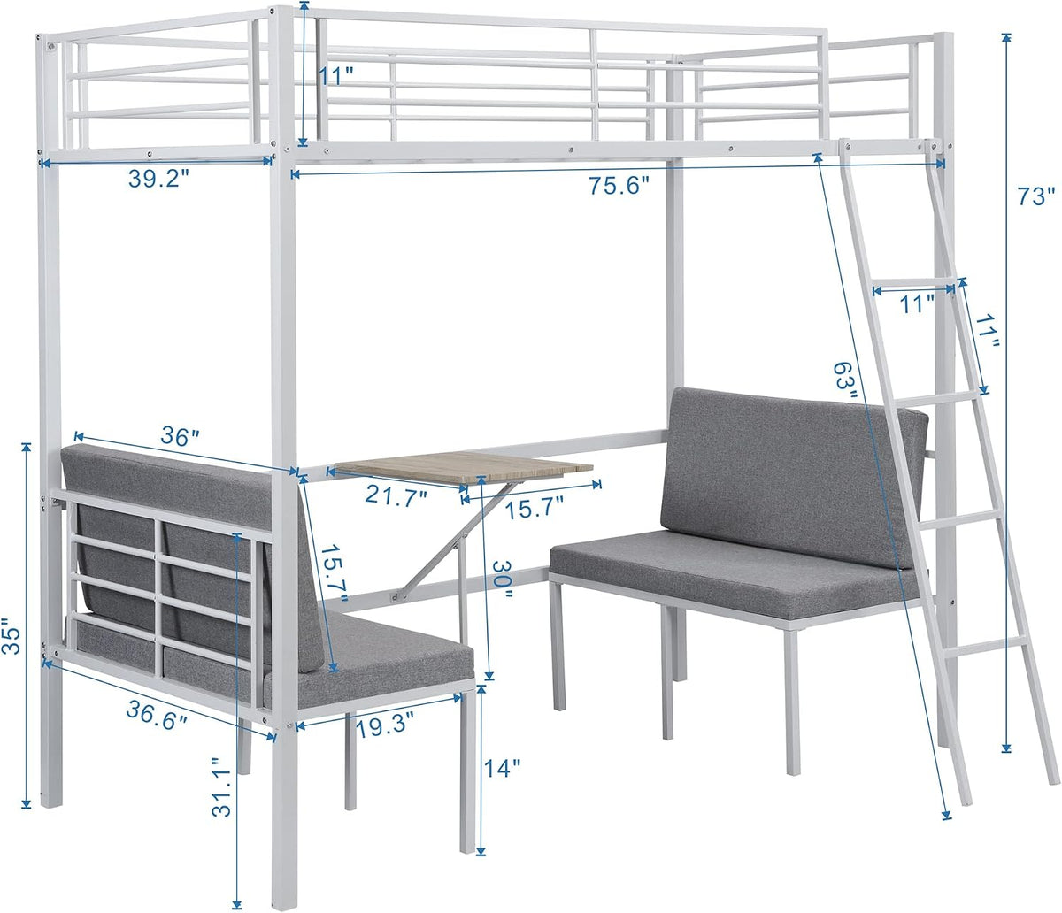 Twin Size Metal Loft Bed with Built-in Wooden Table and Upholstery Chairs Set for Kids Teens, Full Length Guardrails Inclined Ladder, Bedroom, Dorm, Space Saving (White-with Built-in Table)