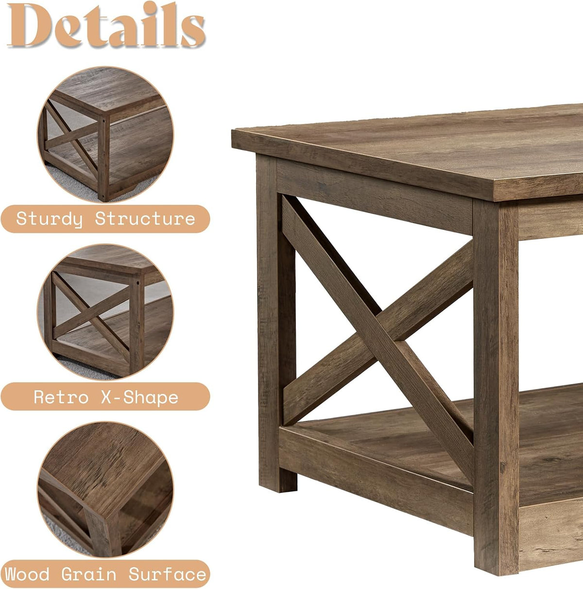 AMERLIFE 3 Piece Farmhouse Living Room Coffee Table Set, Barnwood | Coffee Table & 2 End Tables with Charging Station and USB Ports, Farmhouse Style, Barn Door Design, Living Room Furniture