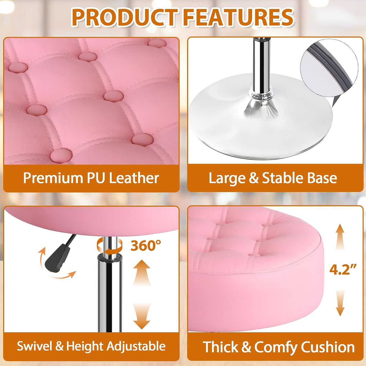 Nova Microdermabrasion Vanity Chair Stool Modern Tufted Round Ottoman Stool Swivel Makeup Chair for Bathroom Bedroom Living Room (Pink)