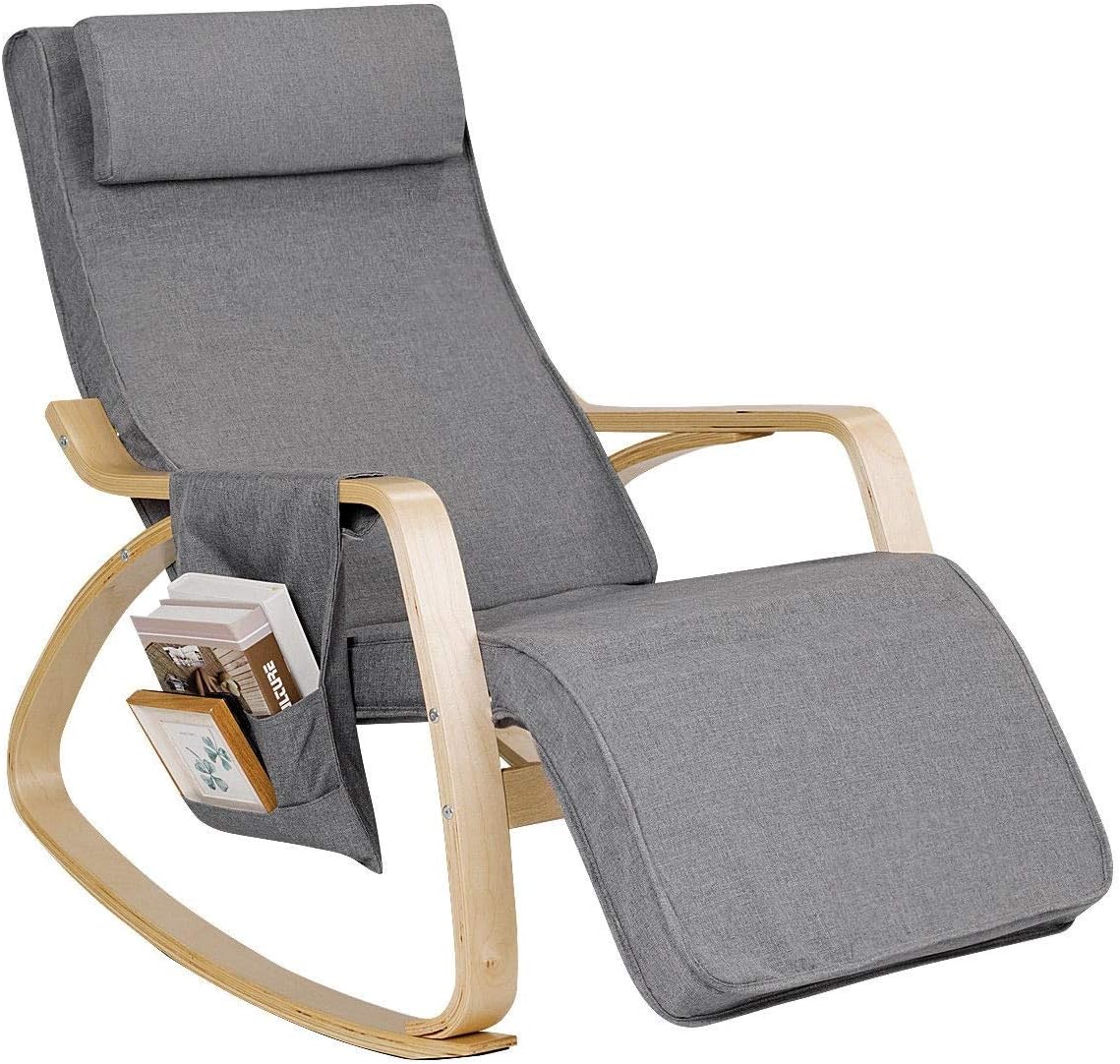 Relax Adjustable Lounge Rocking Chair with Pillow & Pocket Comfortable Armrest Backrest Adjustable Footrest