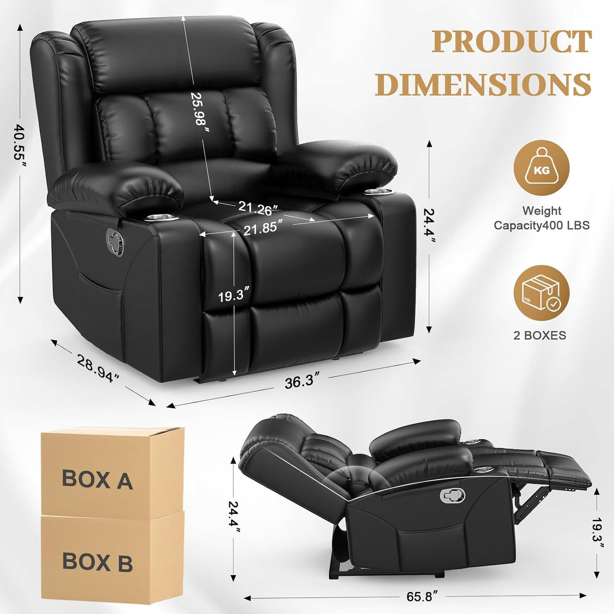 RV Recliner Chair, Oversized Reclining Loveseat Home Theater Seating with Cup Holders, Insert Pockets, Wall Hugger RV Recliners for Movie Room, Recline Movie Seats Gaming Sofa, Black