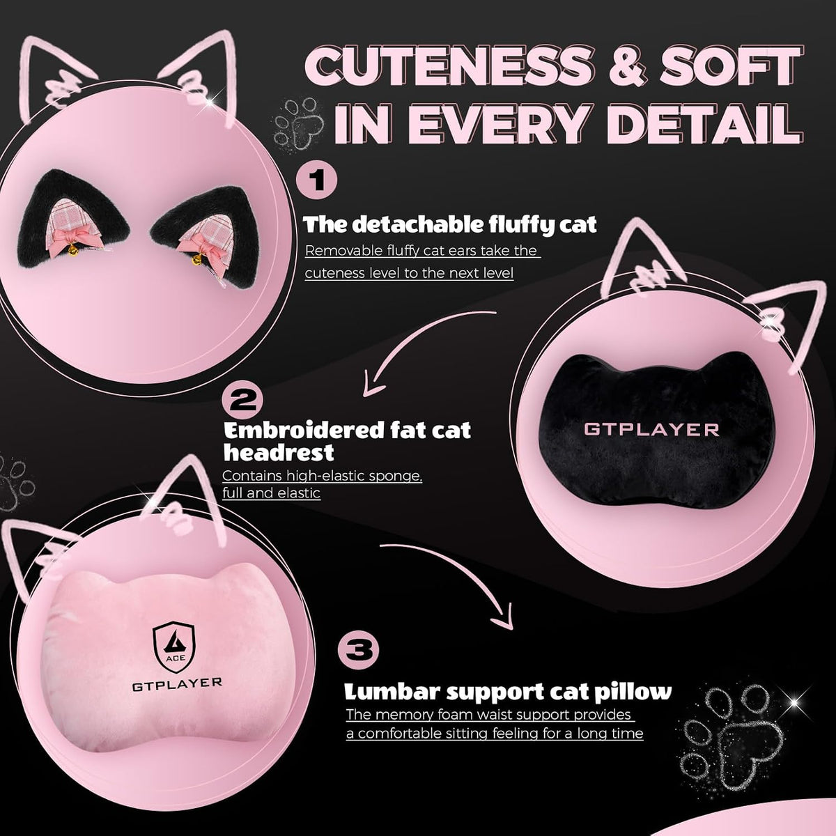 GTPLAYER Pink Gaming Chair Cute with Cat Ears Ergonomic Computer Chair with Cat Embroidery Adjustable Memory Foam Lumbar Support and Headrest Comfortable Reclining Office Chair Soft Velvet Fabric