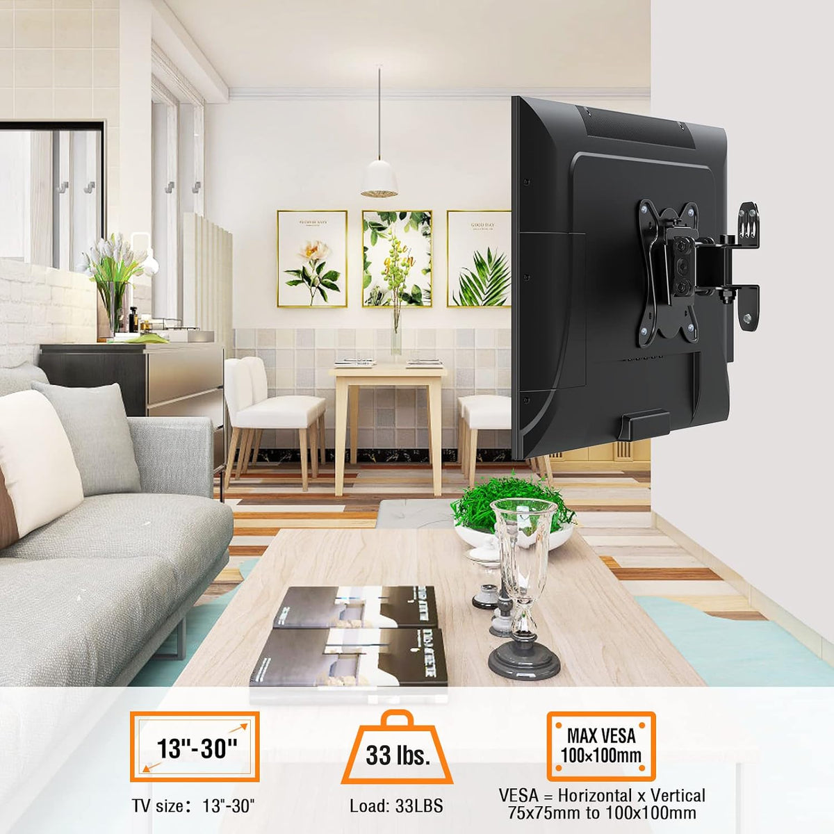 ELIVED Small TV Monitor Mount for 13-30" Screens, VESA 100x100, 33 Lbs Load | Adjustable tilt & swivel bracket, single stud center mounting, compatible with LED LCD OLED small screens