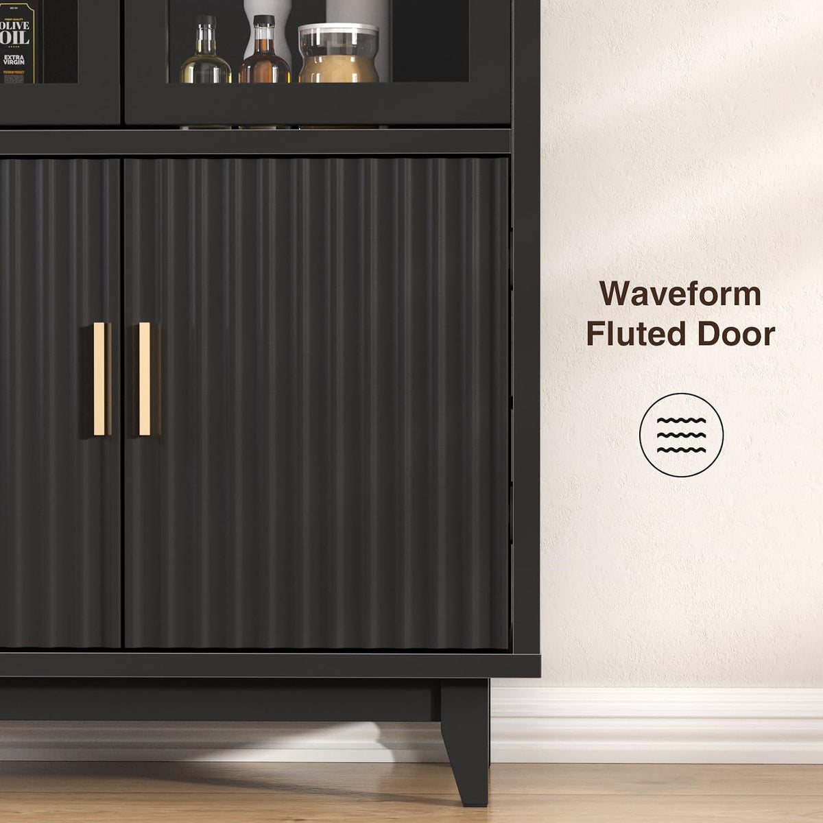FiveWillowise Kitchen Pantry Cabinet with Glass Doors - Arched Design, Solid Wood Legs, Artistic Fluted Door, Adjustable Shelves, 70.8" Curved Storage Cabinet for Kitchen, Dining Room
