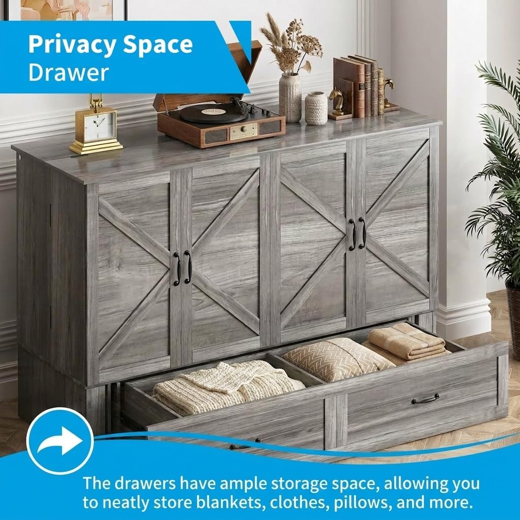 Mjkone 63" W Queen Murphy Bed, Cabinet Beds Queen Size with Built-in Charging Station and Drawer, Modern Cabinet Murphy Chest Bed, Hidden Guest Wall Beds, Space Saving - Grey (No Mattress)