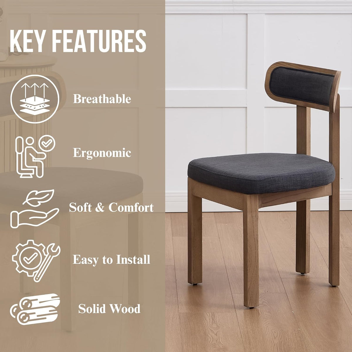 Linen Dining Chairs Set of 2, Mid Century Modern Upholstered Dining Room Chairs with Curved Back, Armless Kitchen Chairs for Living Room/Restaurant/Balcony/Bedroom/Home Desk/Task, Grey