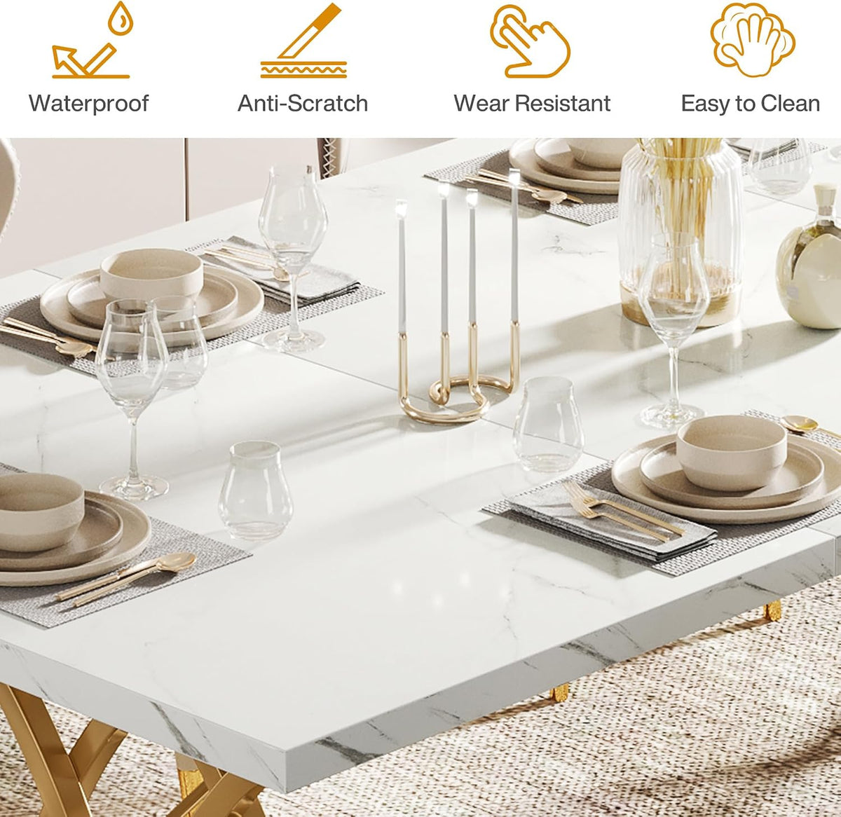 Tribesigns 63" Dining Table for 4 to 6, White and Gold Kitchen Table | Modern Large Rectangular Dinner Table Kitchen & Dining Room Furniture with Faux Marble Tabletop and Geometric Legs