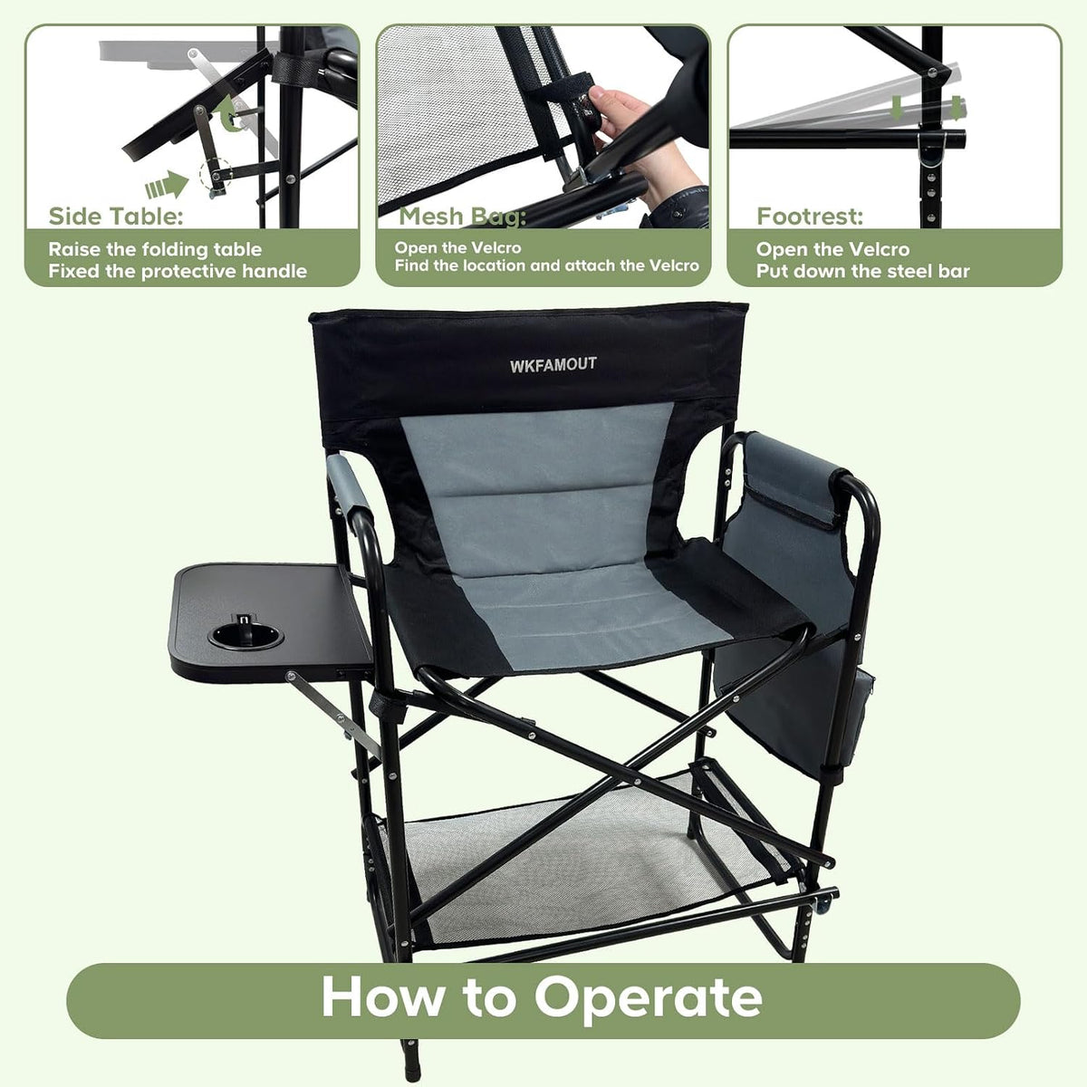 27" Tall Camping Director Chair Oversized with Side Table, Heavy Duty Folding Lawn Chair Outdoor for Makeup Artist, Sports Event, Supports 330LBS