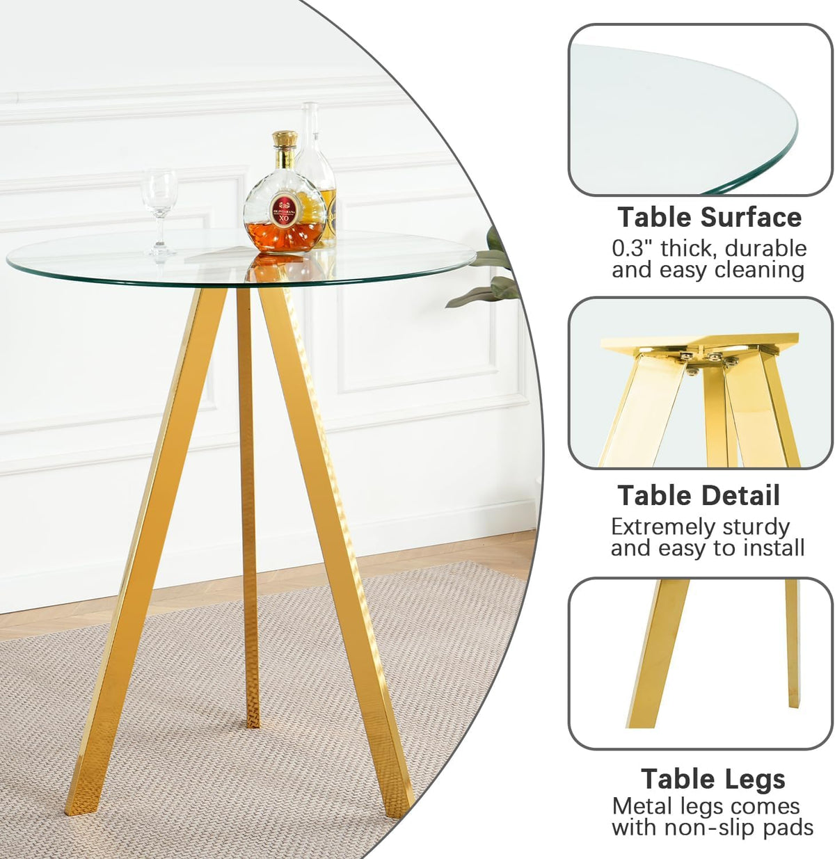 3 Piece Pub Dining Set, Modern Round Bar Table and Chairs for 2, 28" Counter Height Barstools and Glass Kitchen Table Set, 31" Small Dining Table with 2 Velvet Stools
