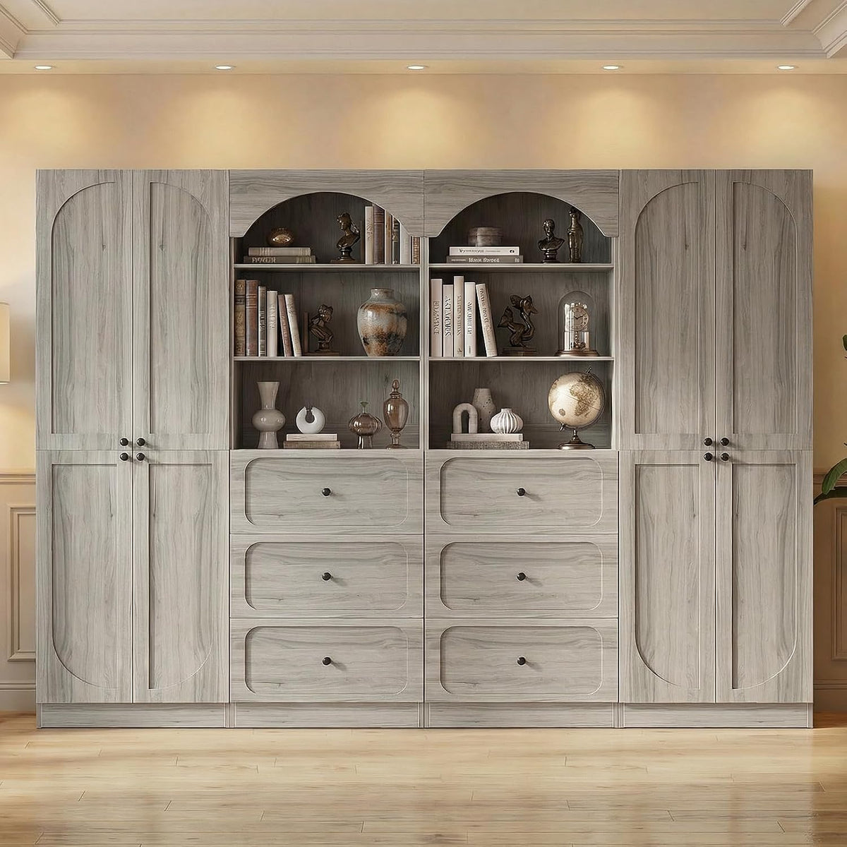 Cyclysio 80" Kitchen Pantry Cabinet with 3 Drawers, 47" Wide Arched Kitchen Storage Cabinets with 3-Tier Open Shelves, Wood Floor Cupboard with Seamless Fit Wall for Living Room, Kitchen, Bathroom