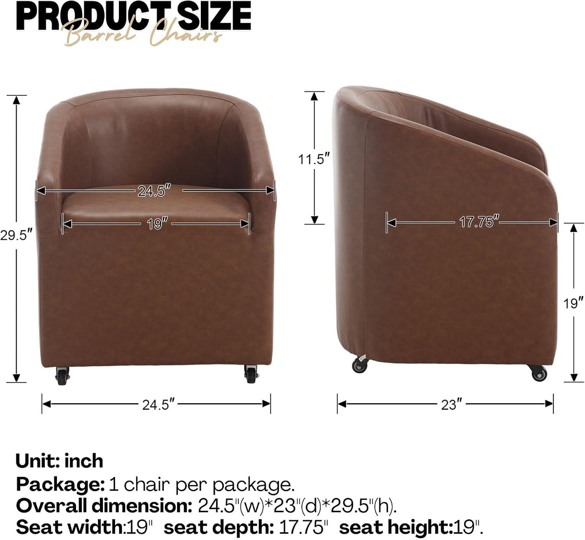 BESTANO Set of 2 Modern Upholstered Dining Chairs with Swivel Casters, Faux Leather Barrel Back Accent Side Chair for Dining Room Living Room,Brown