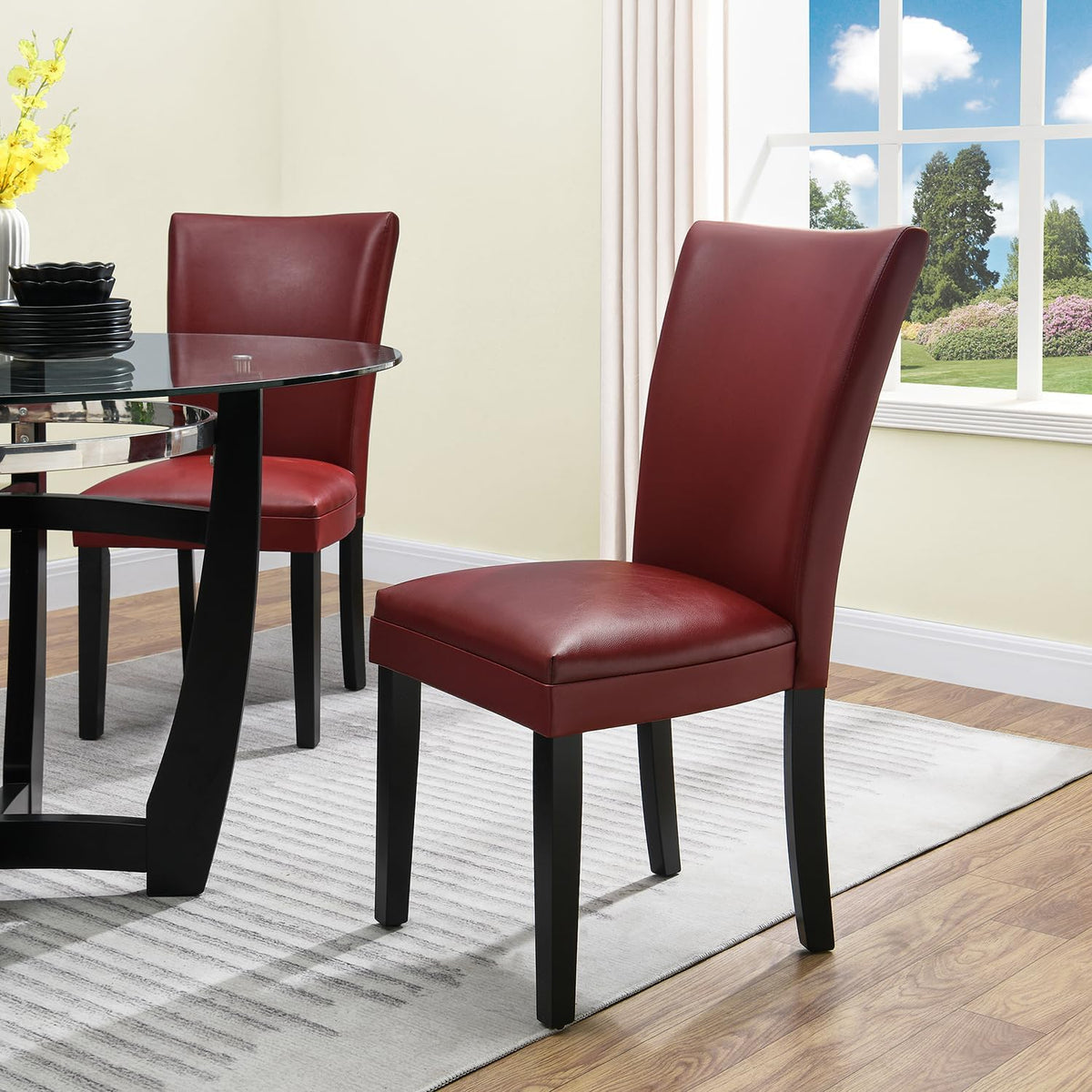 Set of 2 Retro Dining Chairs, Upholstered Parsons Chairs with Wooden Legs & Faux Leather, Perfect for Kitchen, Dining Room & Café, Wine Red