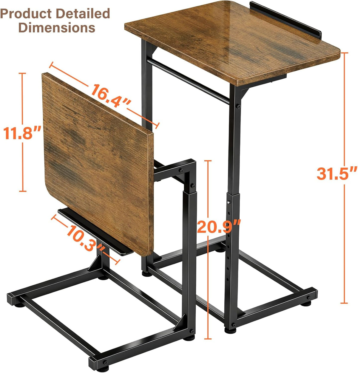 Tv Tray Table, 8-Level Adjustable Height Couch Side Table，90° Tilt Angle Adjustments C-Shaped End Table, with Phone & Tablet Slot Sofa Computer Desk for Couch, Sofa, Bed, Chair, Living Room (Brown)