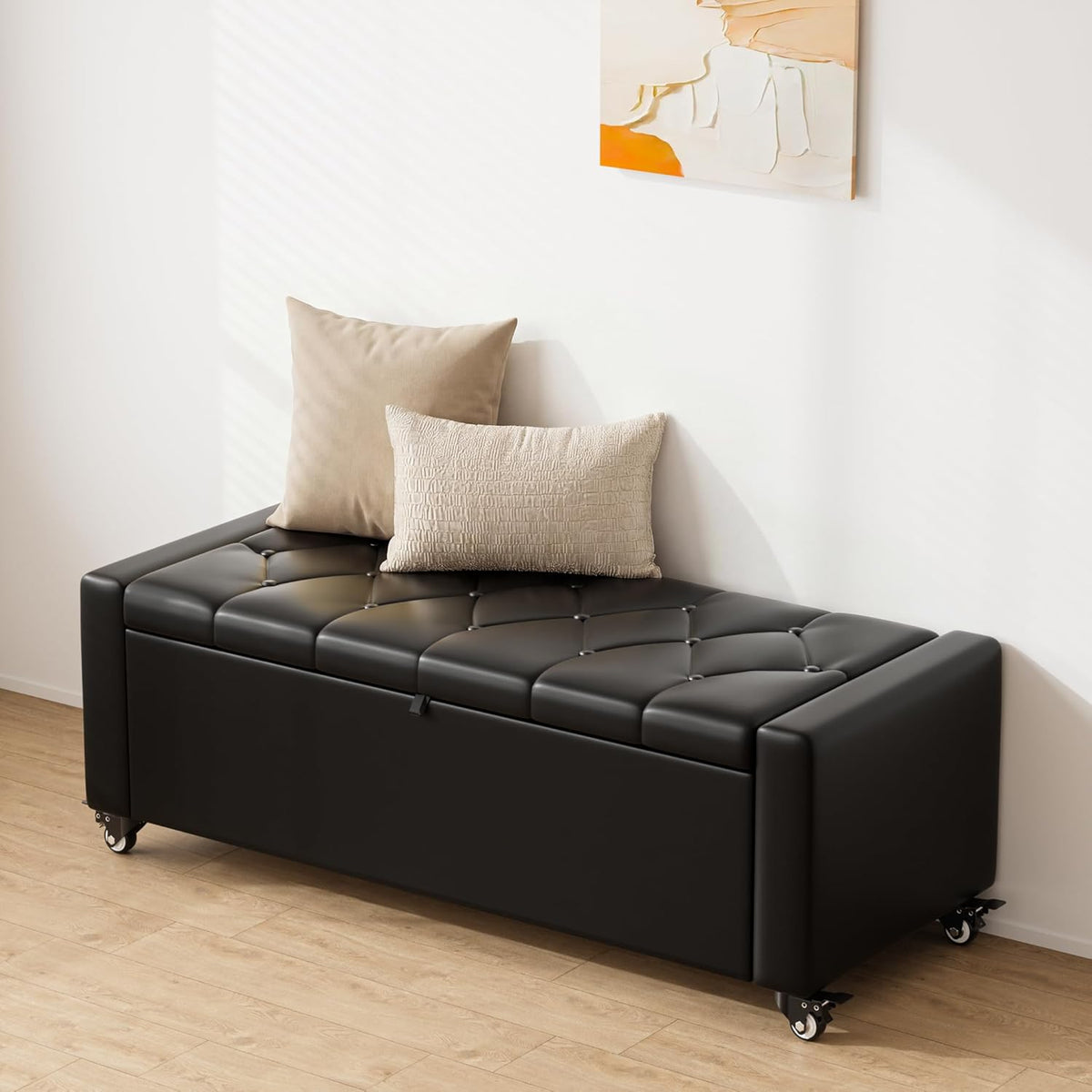 50” Ottoman Bench with Storage, Upholstered Faux Leather End of Bench for Bedroom, Load up to 660 lb, Fixed Base & Movable Swivel Wheels，Rectangular Tufted Entryway with Safety Hinge (Black)