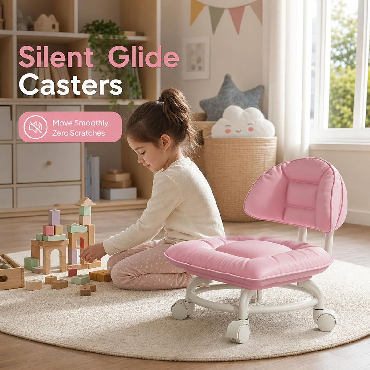 Rolling Low Stool with Backrest, Cloud Comfort Swivel Stool，Gray | Rolling Backrest Chair with Padded Seat & 360° Silent Casters, Cloud-Soft Cushion for Workshops, Garages, Studios, Home