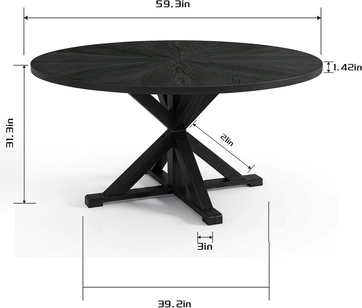 59" Solid Wood Round Dining Table for 6-8, Rustic Round Dining Room Table for Home Dining Room, Kitchen, Living Room, Wooden Trestle Pedestal Base, Black
