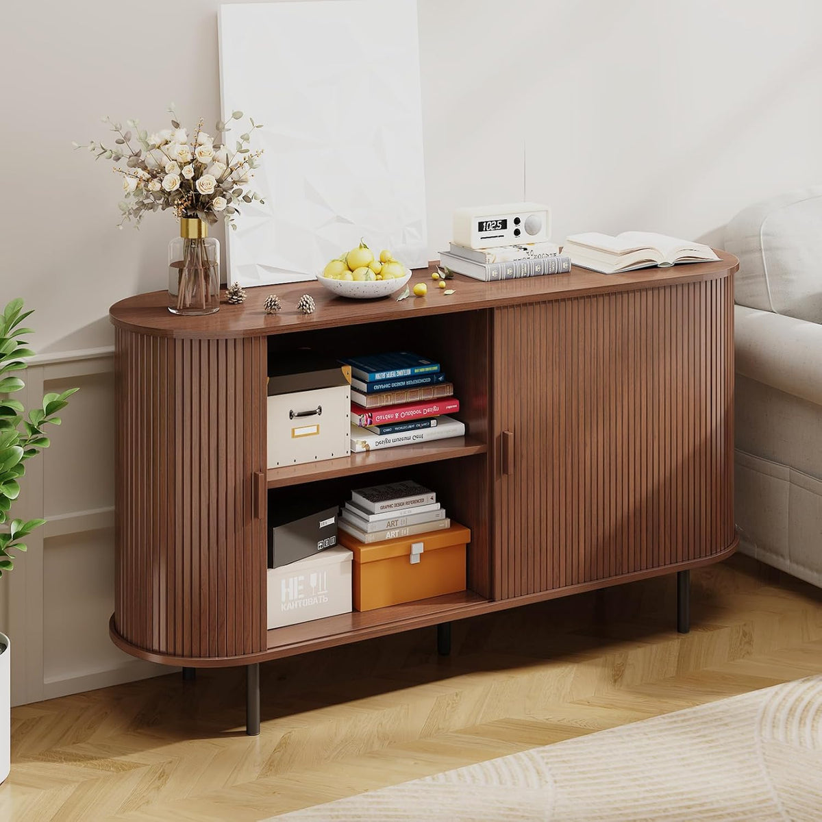 Buffet Sideboard Cabinet with Storage, 55" Fluted Cabinet with Sliding Door & Adjustable Shelf, Modern Accent Coffee Bar Console Table for Kitchen, Entryway, Walnut