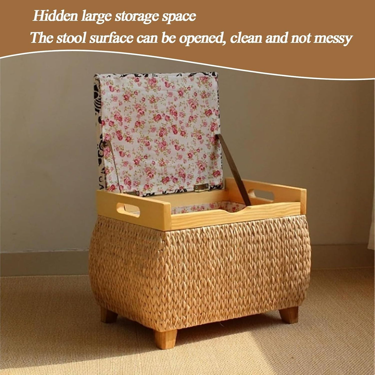Ottoman with Storage Rattan Woven ，Bench with Padded Seat End of The Bed Entry Bench Footrest Stool for Hallway Living Room(Primary Color,53cm/20.9in)