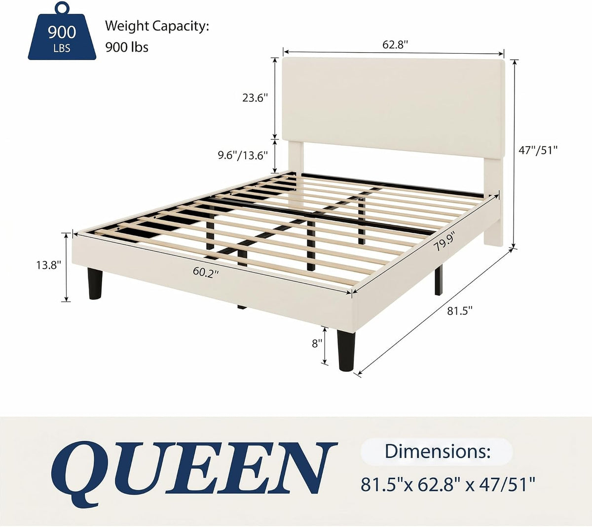 Allewie Queen Velvet Fabric Bed Frame, Adjustable Headboard, Cream White