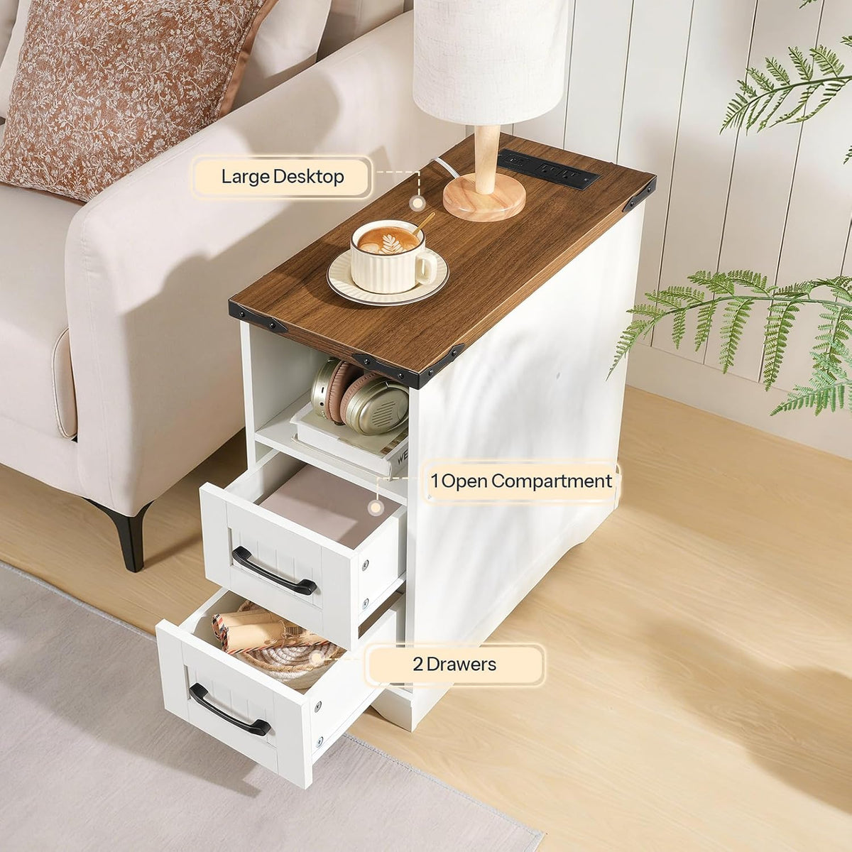 HOOBRO Narrow End Table with Drawers, Farmhouse Nightstand with Charging Station, 3 Storage Shelves on the Back, Slim Bedside Table for Living Room, Bedroom, Small Space, White and Walnut WH362UBZ01