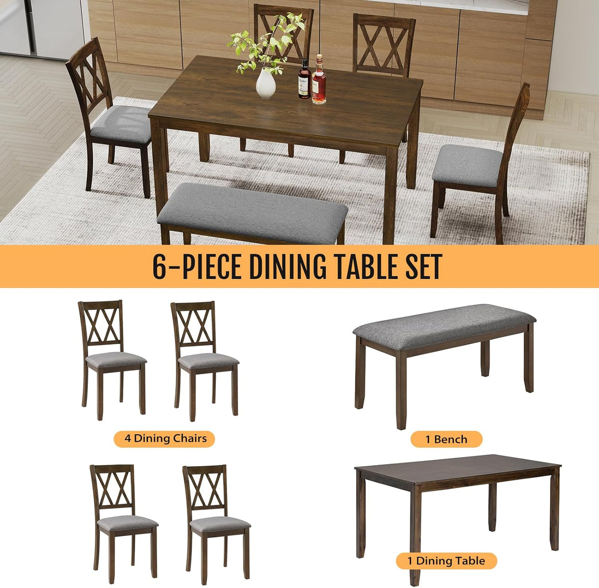 Zevemomo 6-Piece Solid Wood Dining Table Set, Dining Table & Chair Set for 6, Including 1 Dining Table, 4 Upholstered Chairs and 1 Bench, Dining Table Set for Dining Room & Kitchen, Walnut