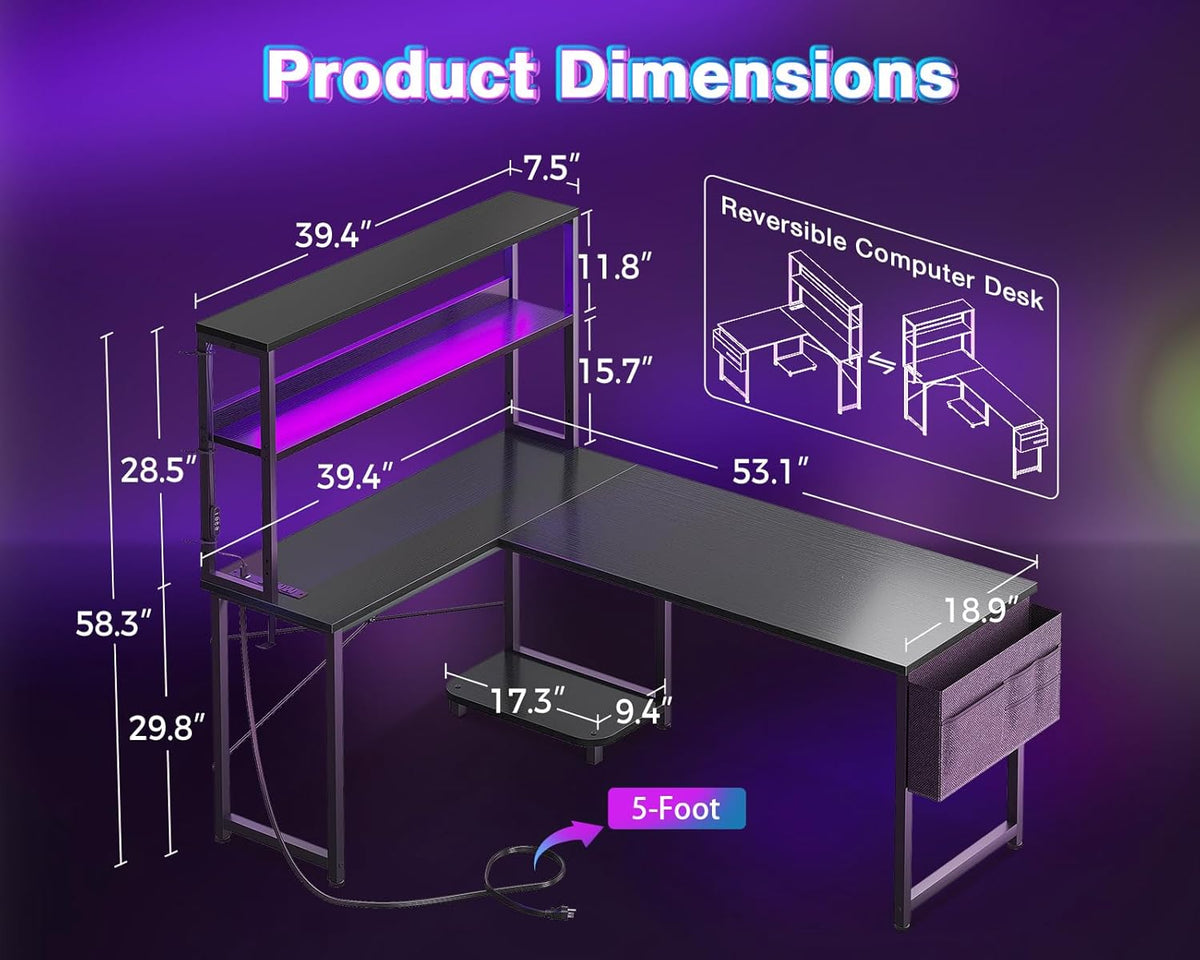AODK L Shaped Desk Gaming Desk with LED Light & Power Outlet | 53 Inch Black Reversible L Shaped Computer Table with Shelf & Storage Bag & Hook for Home Office
