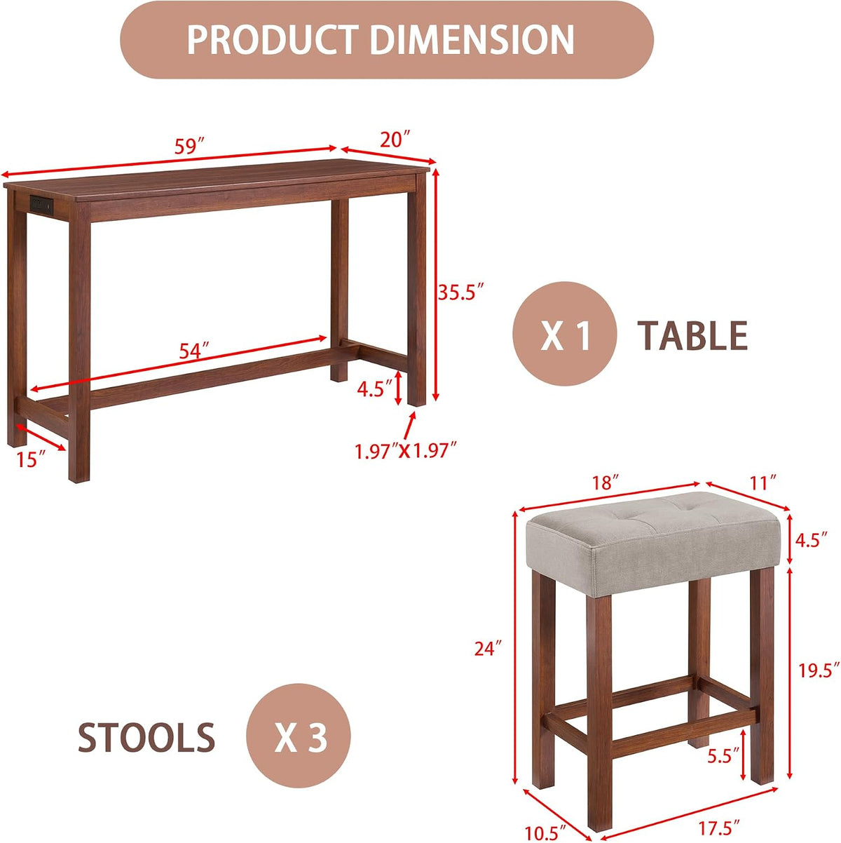 Merax 59 Inch Industrial Bar Table Set with Power Outlet & 3 Stools, Kitchen Dining Table with Charging Station, Counter Height Workstation for Small Space,Cherry