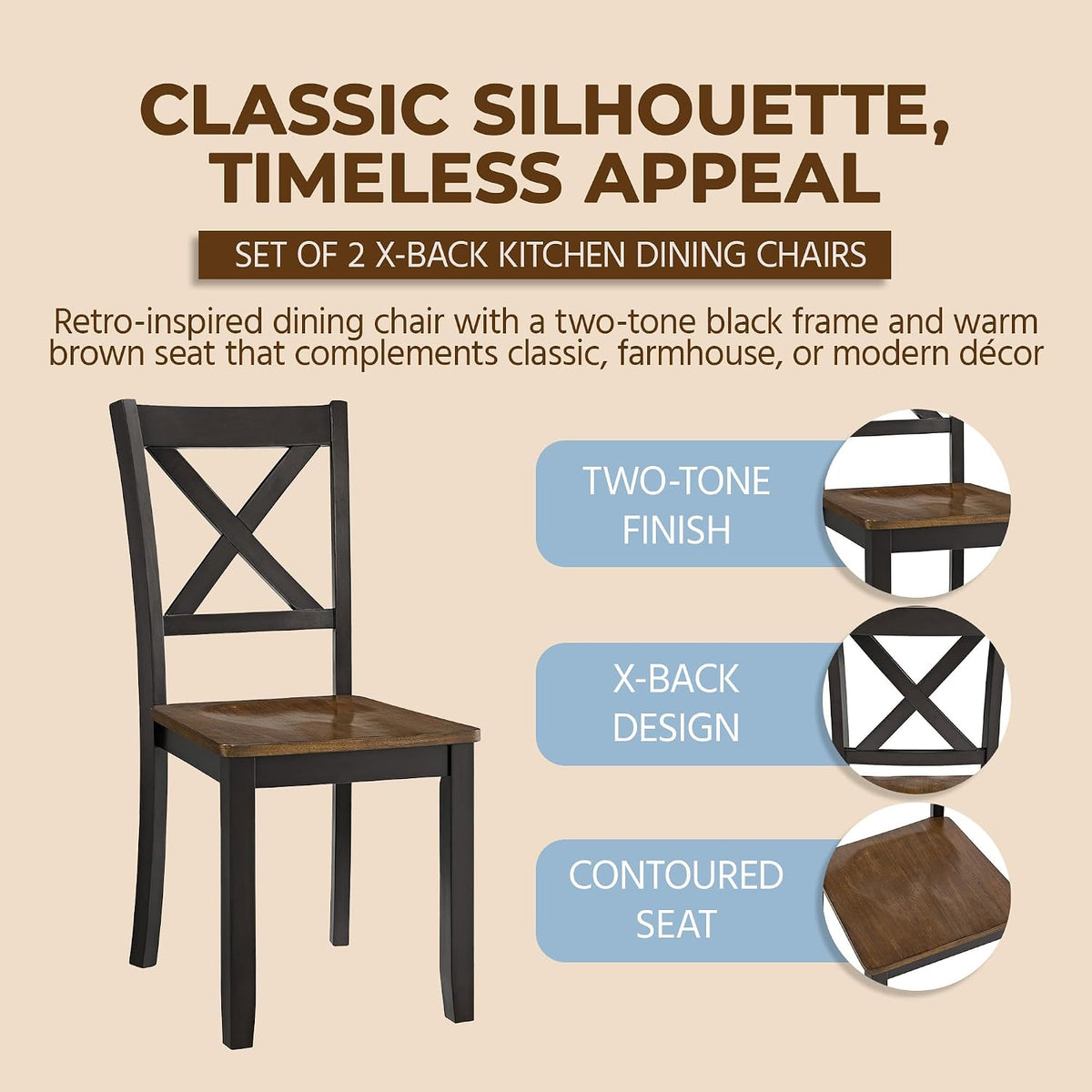 ROME + OAK X-Back Farmhouse Wooden Armless Dining Chairs in Black/Dark Brown, Set of 4 - Indoor Home Kitchen Seating Furniture