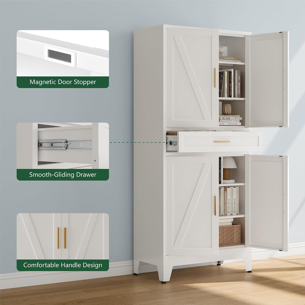 Bevivog Tall Pantry Cabinet with Drawers, 71" Metal Storage Cabinets with Doors and Shelves, 4 Doors Freestanding Cupboard for Kitchen/Office/Dining Room/Living Room/Laundry