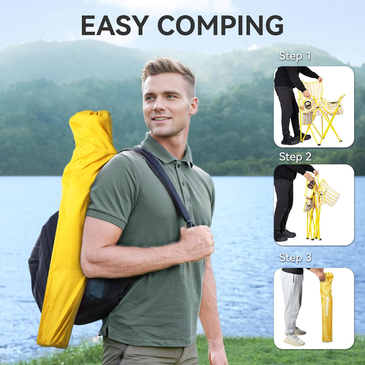 Nazhura 2 Pack Outdoor Camping Chairs Folding/Foldable/Portable with Cooler Pouch, Mesh Backrest and Cup Holder Pocket(Yellow, Metal, 2 Pack)