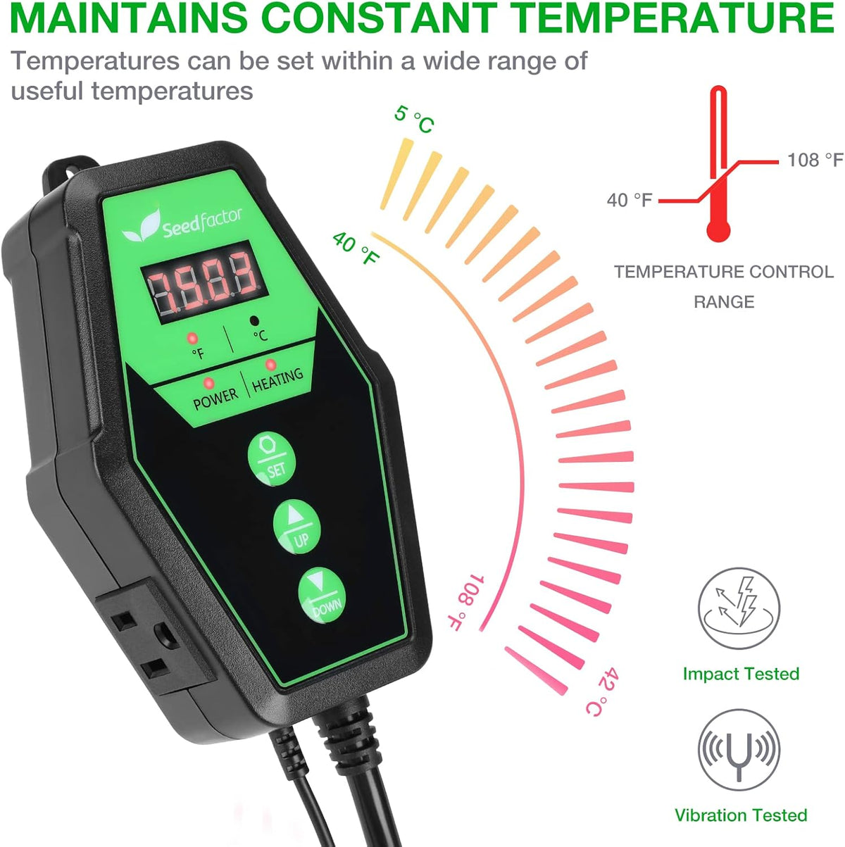Seedfactor Digital Heat Mat Thermostat Controller for Seed Germination, Reptiles and Brewing Breeding Incubation Greenhouse, 40-108°F, 8.3A 1000W FCC-Certified, UL-Listed