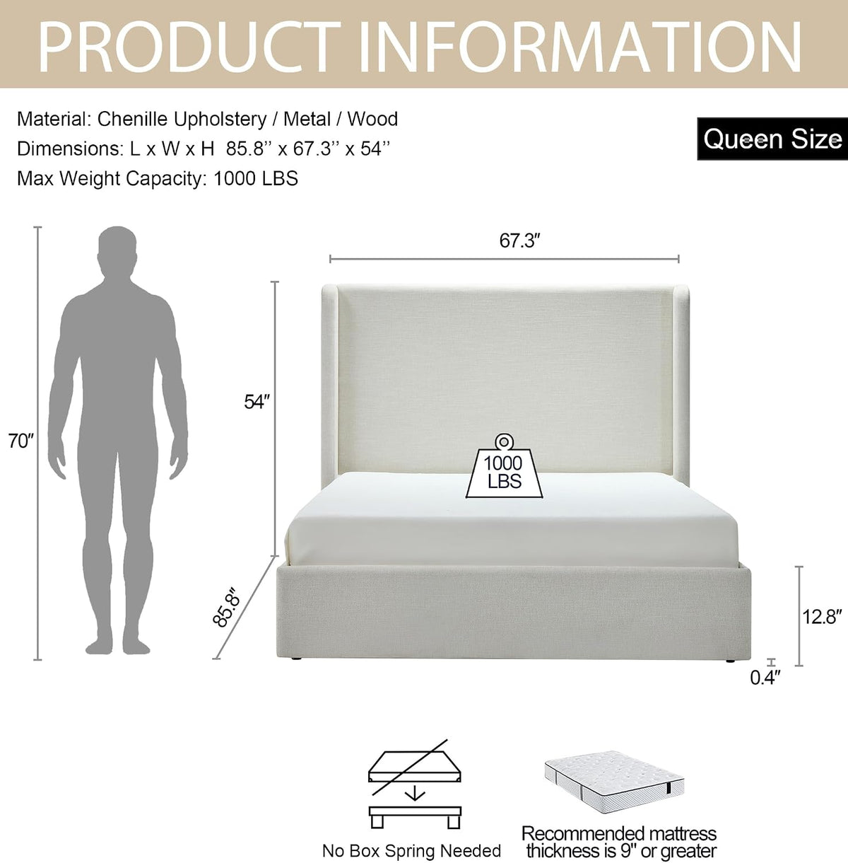 54" Majestic Extra-Tall Wingback Bed Frame Queen - Premium Textured Ivory Canvas Chenille Upholstered Platform Bed, 1000lbs Capacity, No Box Spring Needed (Queen U.S. Standard)
