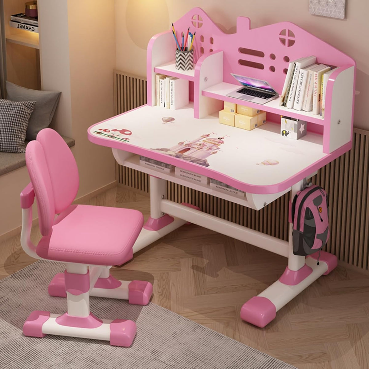 Kids Desk and Chair Set, Height Adjustable Study Table for Home and School | Study Writing Desk With Widened Desktop, Bookstand, Storage Drawer and Ergonomic Chair for Boys and Girls. Pink