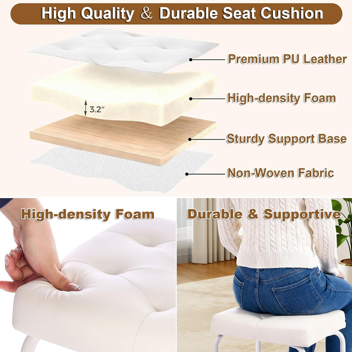 BEWISHOME White Vanity Stool Small Chair for Vanity KFD01W | Leather Makeup Vanity Chairs with Thick Padded Seat, Sturdy Reinforced Frame for Bathroom KFD01W