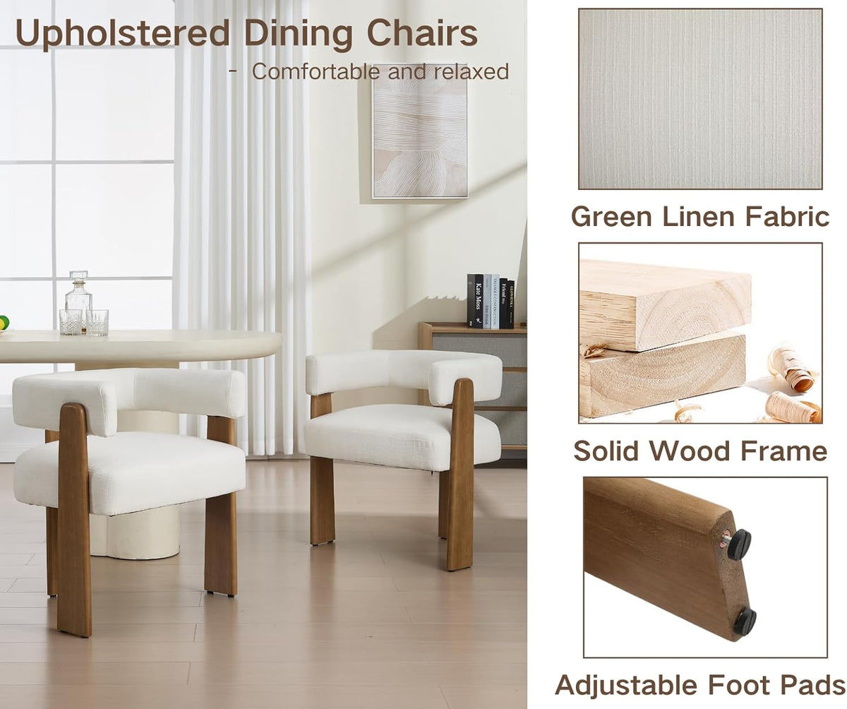 Shunzhi White Barrel Dining Chairs Set of 2 Modern Upholstered Dining Room Chairs with Arms/Open Back Farmhouse Wooden Linen Kitchen Chairs Comfy Accent Side Armchairs for Living Room