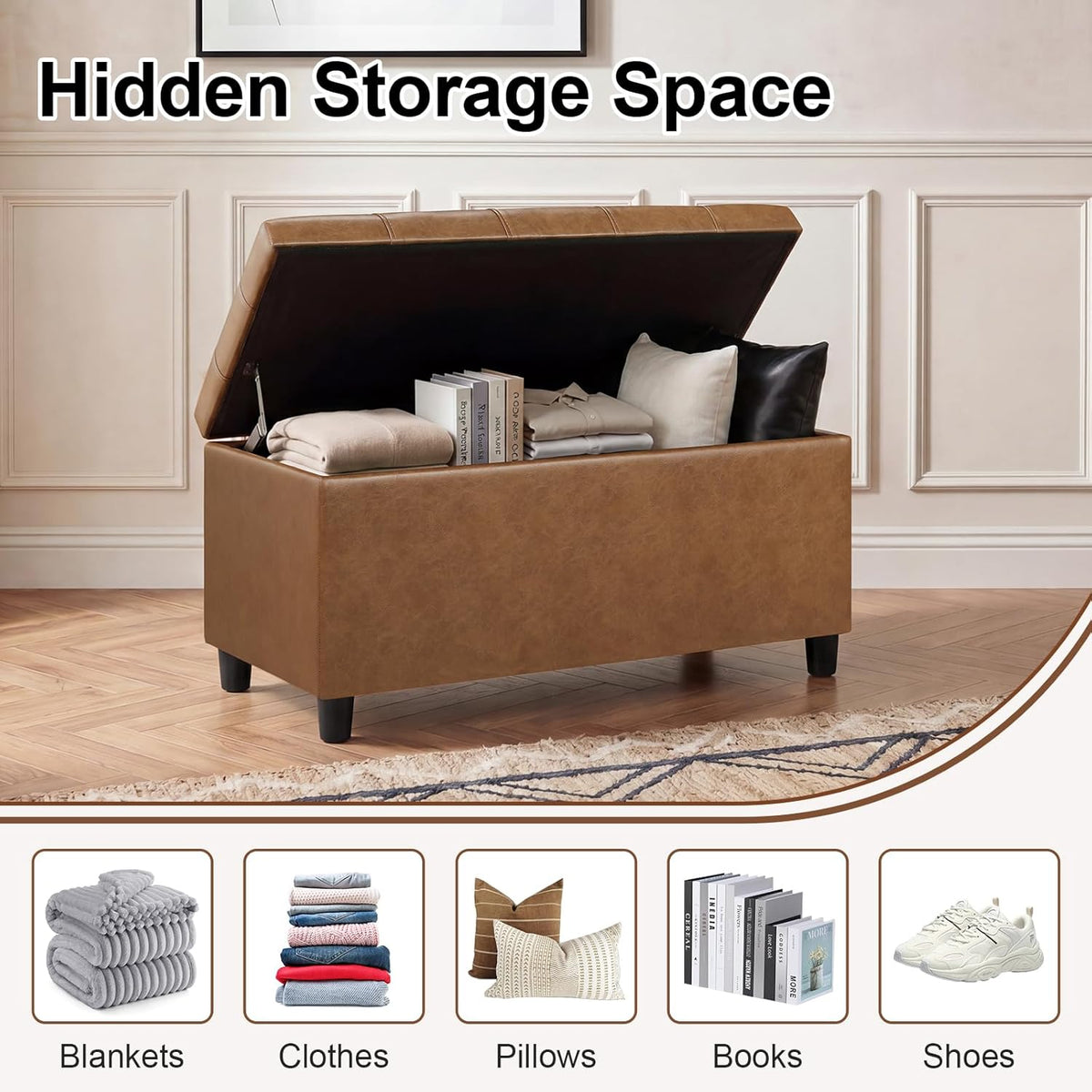Asense Storage Ottoman Bench,Faux Leather Upholstered Ottoman with Storage,End of Bed Bench with Safety Hinge,for Entryway,Bedroom,Living Room